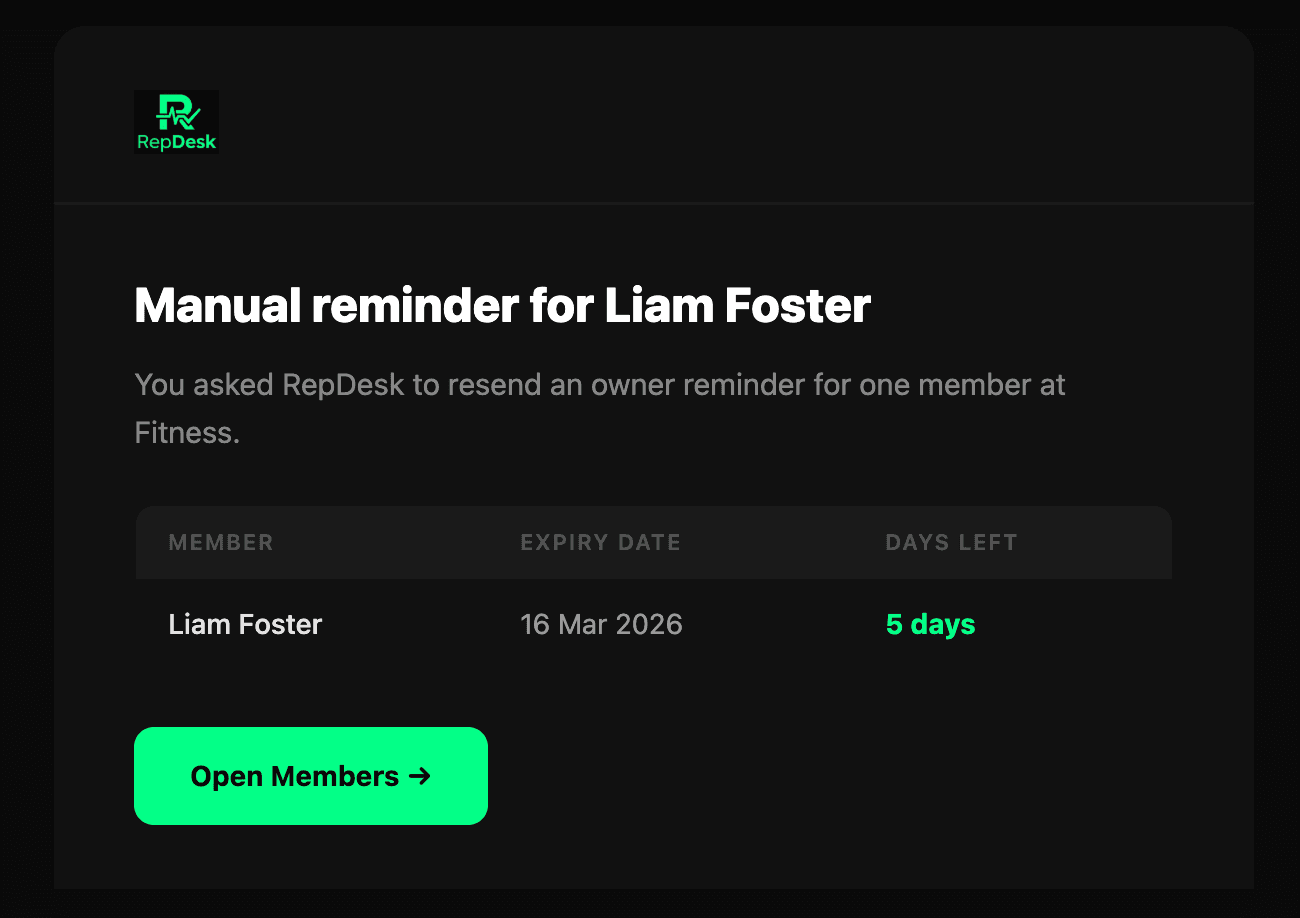 Reminder Email - Sent to Gym Owner